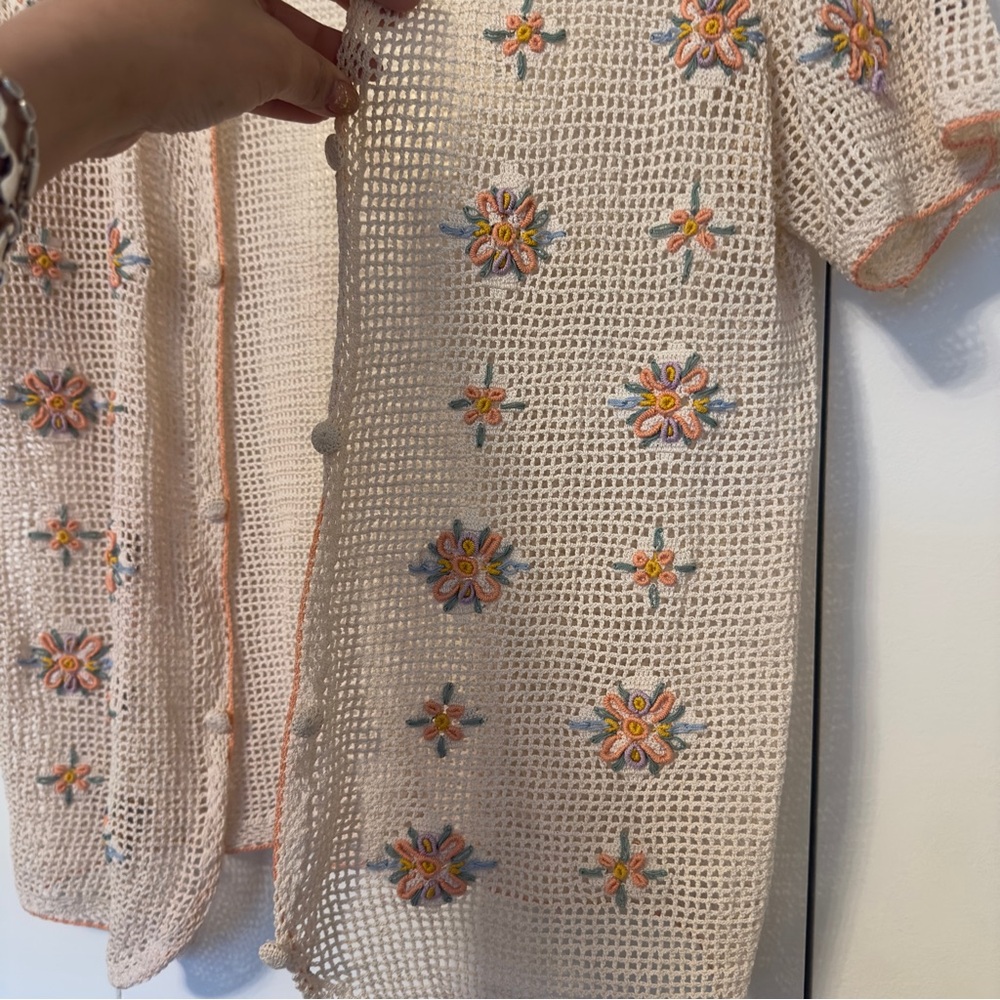 Vintage Hand Crocheted Floral Embroidery Open Cardigan | Cream - Picture 2 of 3